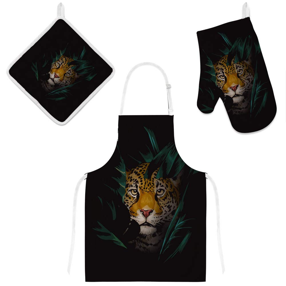 Tablier de cuisine léopard 3 pièces avec maniques jungle
