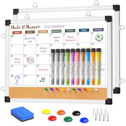 Marsrock マンスリーホワイトボードとコルクボードコンボ 壁用 17インチ x 13インチ リバーシブルハンギングホワイトボード両面ホワイトボード アルミフレーム付き 計画、オフィス、キッチン、学校、自宅用