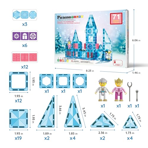 Image of PicassoTiles 71pc Mini Diamond Series Winter Ice Theme Magnetic Tile Building Blocks 2 Character Action Figures Travel Size On-the-Go Magnet Construction Toy Set STEM Development Kit Ages 3+ PTM71