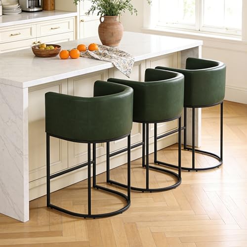 Image of 26 inch Counter Height Bar Stools Set of 3, Faux Leather Upholstered Barrel Chairs with Back and Arms, Metal Frame Kitchen Island Stools with Footrest, Forest Green