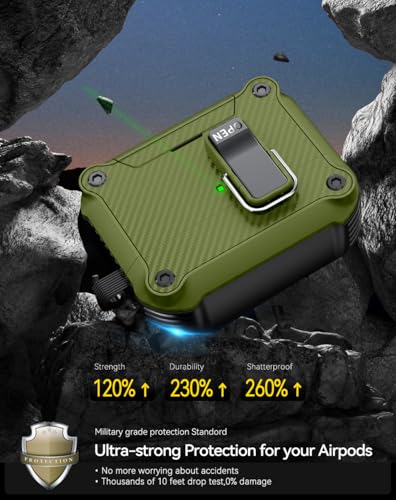 Image of Pohgelan for AirPods Pro 3 Case with Safety Lock-Dark Green | Carbon Fiber Texture Cover,Magnetic Automatic Lock with Cleaning Kit&Keychain,Compatible with Magsafe