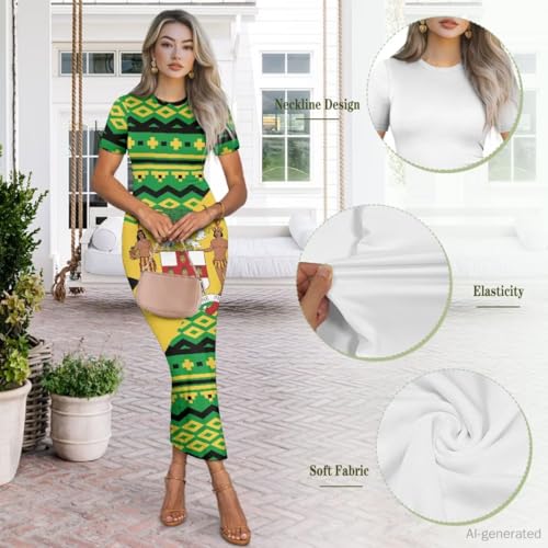 Image of Womens Short Sleeve Jamaican Flag Midi Bodycon Dress | Soft stretchy fabric,crew neck,jamaican print casual date night cocktail party, elegant chic, spring summer fall all season
