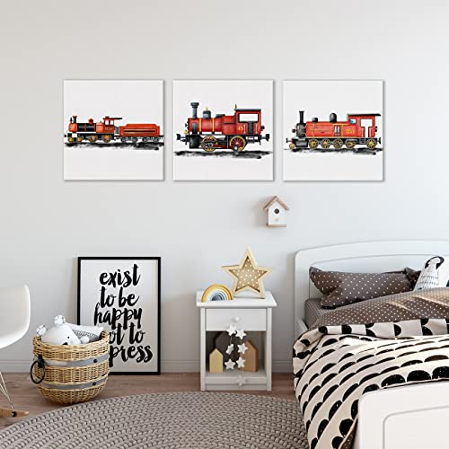 Yuzi-N Set Of 3 Retro Steam Train Nursery Vehicle Art Posters Canvas Wall Art & Tabletop Home Kids Bedroom Decoration, Watercolor Red Locomotive Prints Easel & Hanging Hook 12X12 Inch #TOP3