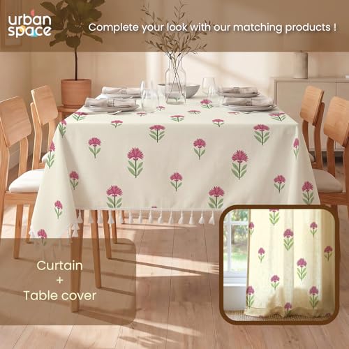 Image of Urban Space 100% Cotton Dining Table Cover for 6 Seater, Printed Cotton Table Cloth for Center Table, Dining Room Table Cover with Tassels 48 inch X 92 inch (Aster Pink, 6 Seater)
