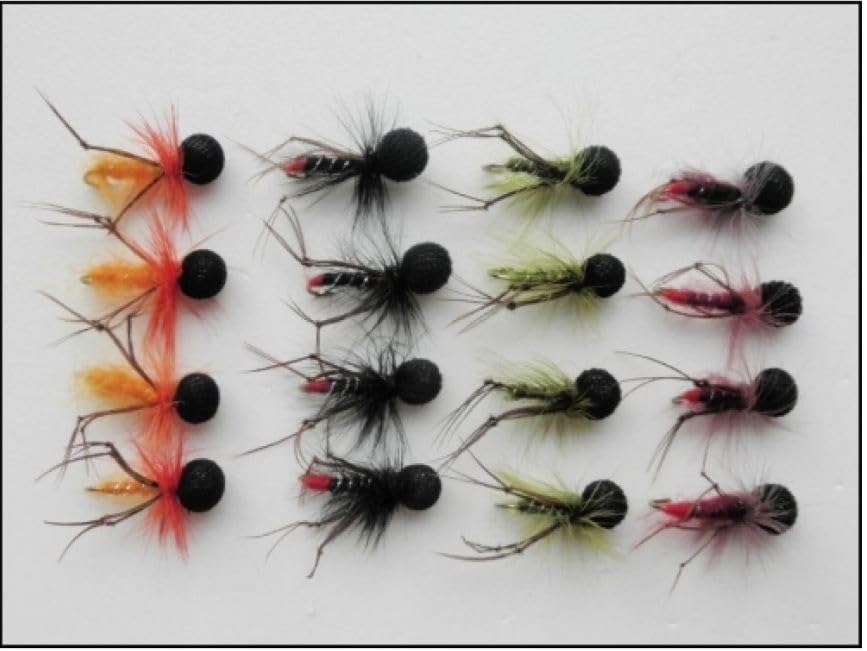 Booby Hopper Trout Fishing Flies, 16 pack,4 Colours, Barbless or Barbed, Choice of sizes (Barbed, 10)