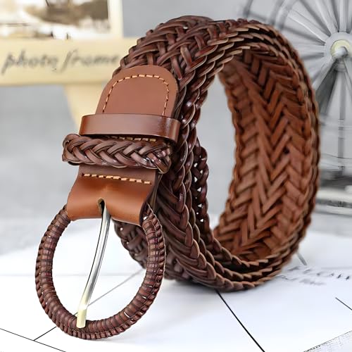 Women Wide Braided Leather Belt 1.6 inch Ladies Soft Woven Waistband with Buckle2