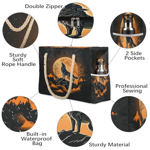 Starry Sky Wolf Mountain Women's Large Beach Bag Waterproof and Sand-proof Canvas Tote Lightweight Shoulder Bag Suitable for Pool Beach Travel Holiday Gym Yoga Care3