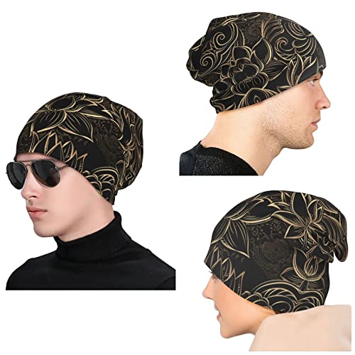 Boho Gold Lotus Flowers Beanie Hats Funny Knit Hat Stretch Scarf Head Wrap,Classic Winter Warm Knit Hat Beanie Cap For Adults Men Women #TOP4