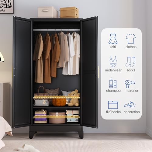 Image of GAIOUS Metal Wardrobe Cabinet with Mirror and Hanging Rod, 71 inch Black