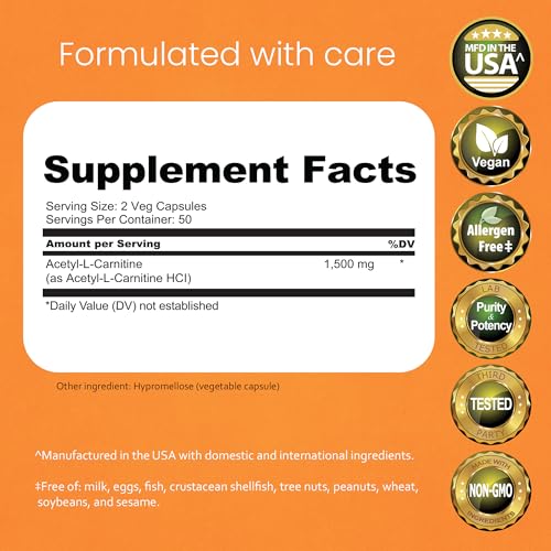 acetyl l-carnitine alcar 1500 mg per serving  100 capsules  non-gmo gluten-free vegan