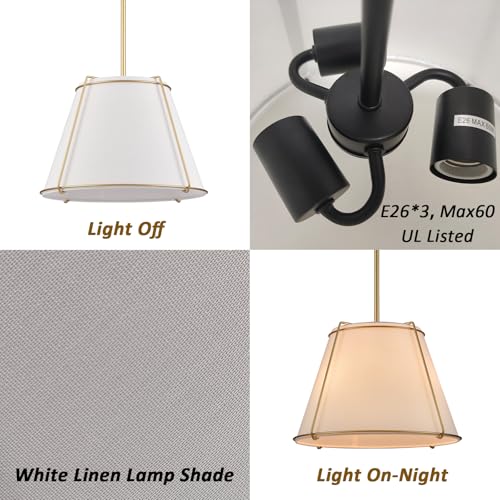 Image of 3-Light Gold Cone 16 inch Pendant Light Fabric Drum Shade with Metal | White and Gold Chandeliers, Sloped Ceiling Compatible for Kitchen Dining Room Living Room Bedroom
