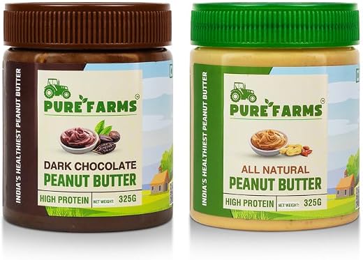 PURE FARMS Peanut Butter Duo (325gm Each) - Dark Chocolate Crunchy &amp; All-Natural Single Ingredient | Protein Rich, Guilt-F...