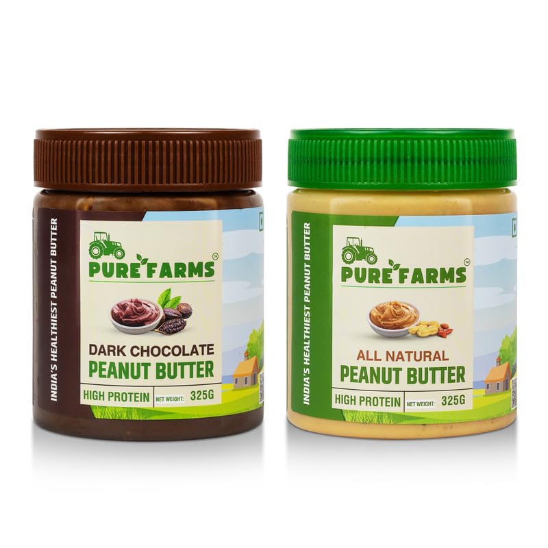 Image of PURE FARMS Peanut Butter Duo, 325g Each | Dark Chocolate Peanut Butter & All-Natural Crunchy Peanut Butter | High Protein, Sugar-Free Keto Snack