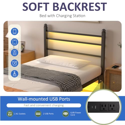 Image of J.Fkne Twin Bed Frames with LED Lights & Charging Station, Platform Bed with Headboard, Heavy Duty Metal Slats Support, No Box Spring Needed, Noise Free, Easy Assembly