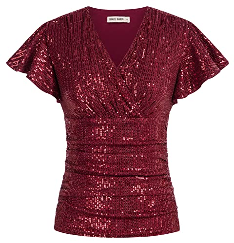GRACE KARIN Damen Funkelnde Pailletten Casual Tops Elegant Bluse Kurzarm mit Rüschen Oberteile Vintage Tunika Rot M