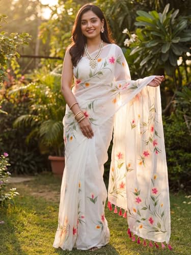 Image of AKHILAM Women's Cotton Saree with White Daisy Floral Prints Tassel Pallu Lightweight Summer Saree