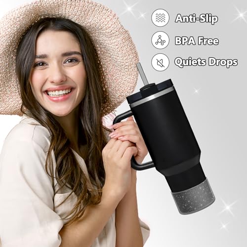 Image of WUQID Protective Bling Silicone Boot Sleeve, Compatible with Stanley Tumbler 20-40oz & Hydro Flask Bottle 12oz-24oz, Glitter Reduces Dents Sleeve Cover for More Bottles /Tumblers Bottom of 2.83-2.95in