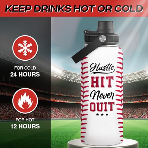 Image of Baseball Water Bottle 32oz Hustle Hit Never Quit Stainless Steel Insulated Bottle for Men Women Sports Lovers Baseball Fans