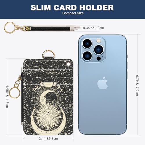 Image of Slim Wallet Credit Card Holder, Moon and Sun Face, RFID Wallet Women Cute Small Front Pocket Wallet With Zipper, PU Leather Thin travel RFID Blocking Card Case ID Window,Ladies Gifts