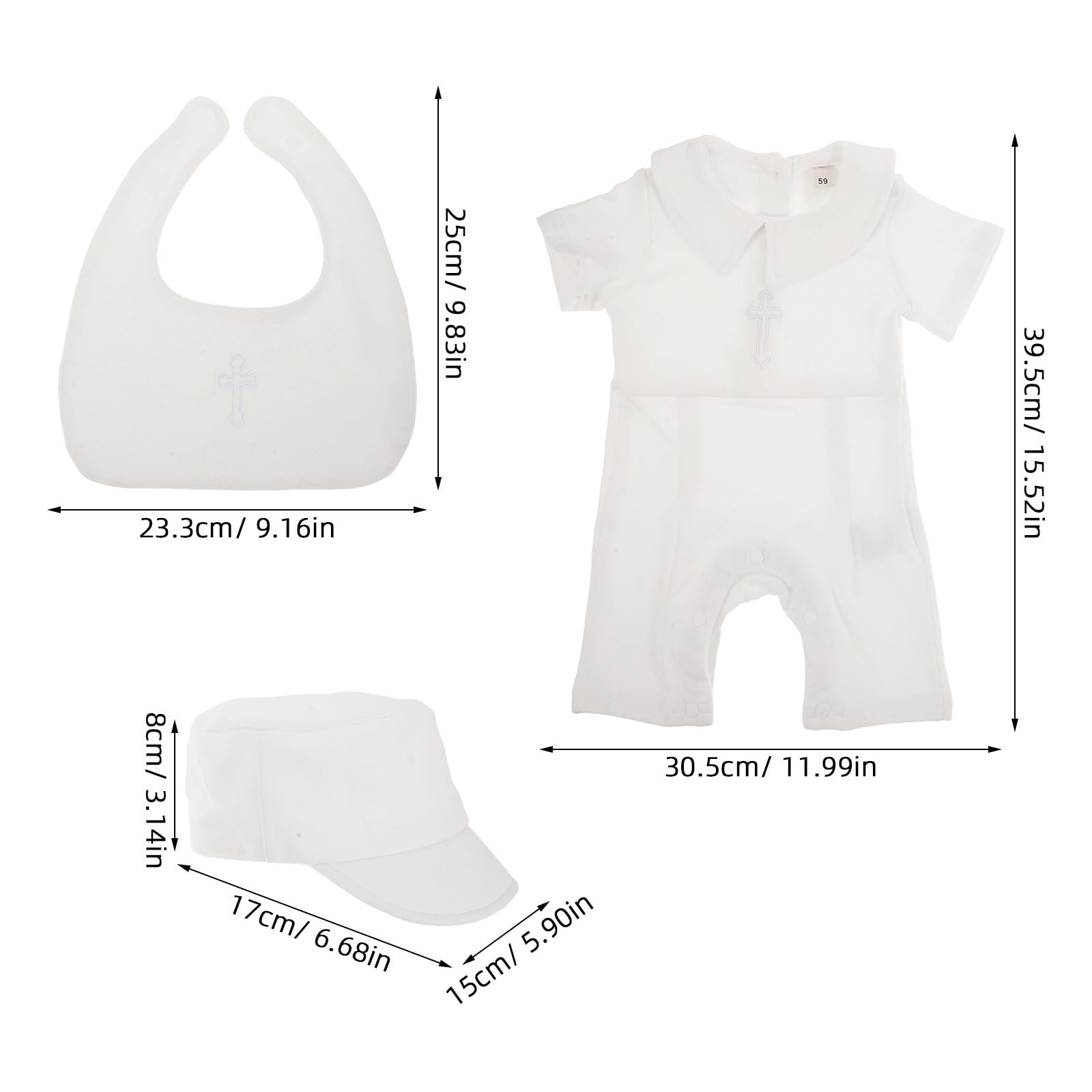 Operitacx Conjunto de ropa para bautizo de bebé niño: mono blanco de manga corta para ceremonia de bautismo, conjunto de ropa formal para recién nacido con babero y gorro, talla 59 cm.
