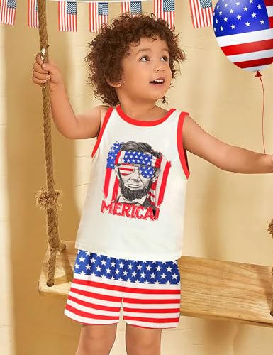 Toddler 4th Of July Outfit Boy Shirt Flag Print Red Shirt Top Shorts 2 Piece Set3