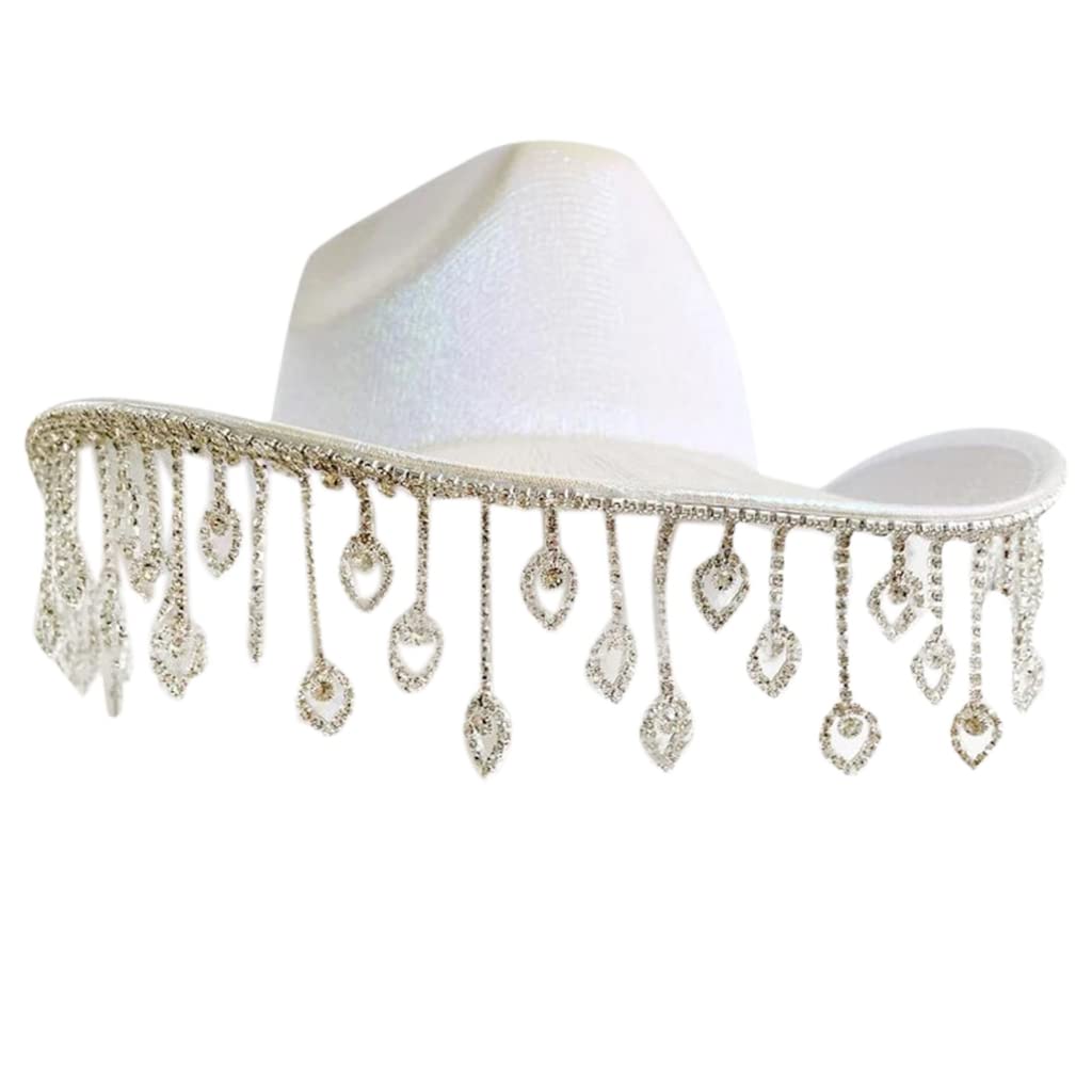 xbiez Sombrero de vaquera con diamantes de imitación brillantes para despedida de soltera con diamantes de imitación ultra intermitentes, sombrero de vaquera occidental para novia