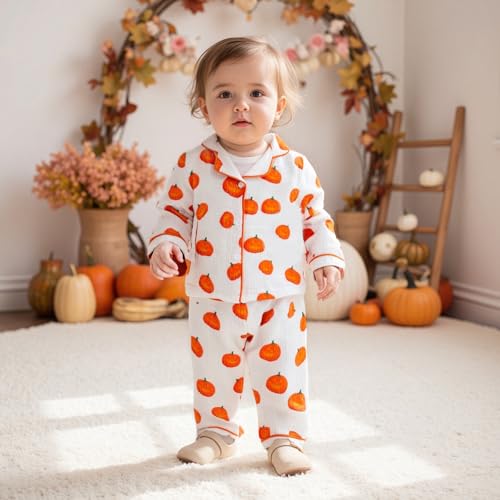 Kids Baby Boy Girl Halloween Pajamas Set Cotton Linen Button Down Pumpkin Long Sleeve Shirts Tops and Pants Pj Sets2