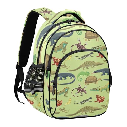 Snakes Lizard Frog and Turtle Animals Pattern Green Backpack for School Book Bag Laptop Tablet Backpack Work Travel Computer Bag with Reflective Stripes2