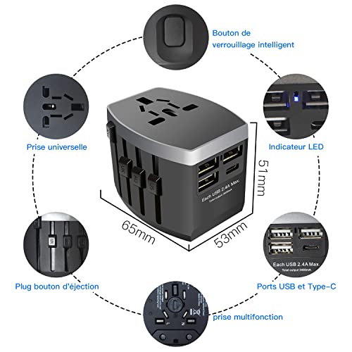 adaptateur de voyage, adaptateur prise universel 1300w avec 1 type c et 3 usb 2.4a, adaptateur universel de voyage france vers usa chine japon uk, chargeur de voyage vers france
