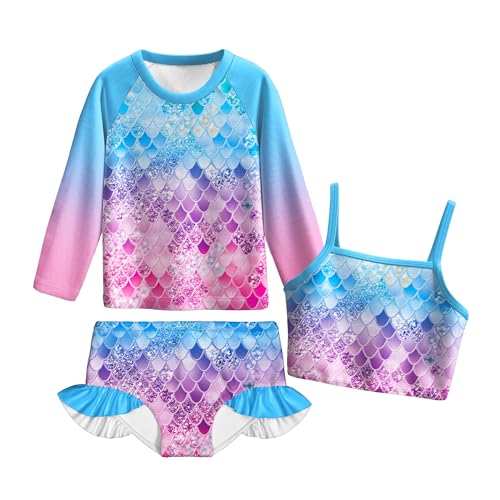 LQSZ Girls Rash Guard Sets 3 Pieces Long Sleeve Swimsuits Set UPF 50+ Sun Proction Bathing Suit for 3-12Y
