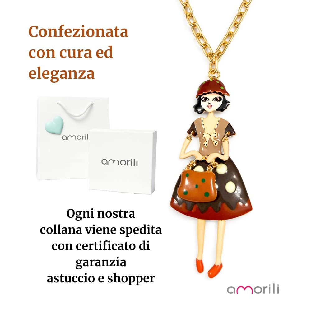 Collana Bambolina Donna in Bronzo Dorato con Smalti Colorati – Ciondolo Elegante e Originale – Gioiello Moda Idea Regalo per Lei