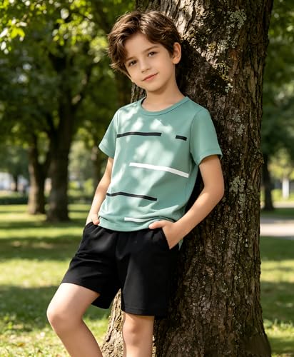 Image of 4-8T Toddler Boys 2-Piece Summer Casual Outfit Striped Print Short Sleeve T-Shirt & Shorts Set