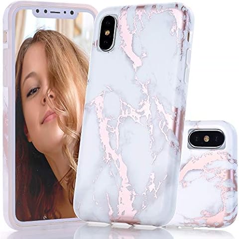 BAISRKE Shiny Rose Gold Metallic White Marble Design Clear Bumper Matte TPU Soft Rubber Silicone Cover Phone Case Compatible with iPhone X iPhone XS 5.8 inch Cover