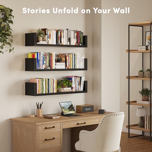 Image of Wall Bookshelf, Set of 3, U Shaped Floating Bookshelf, Hanging Bookshelves for Wall, Wall Mounted Shelves for Living Room Bedroom Office (Black, 17 Inches, 3)