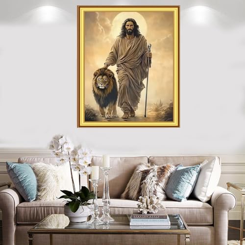 Image of Foxnyart Stamped Cross Stitch Kits Full Range of Embroidery Needlework Starter Kits for Beginners Adults 11CT Embroidery Patterns Art Crafts DIY Needlepoint Kit-Jesus the Lion 16x20 inchs