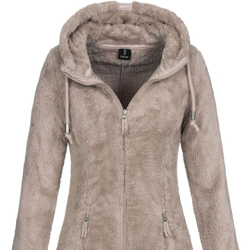 Sublevel Damen Teddyfleece-Jacke Mantel Plüschjacke mit Kapuze LSL-357 String Beige L
