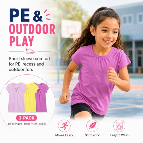 Image of Bienzoe Plain Solid Girls T-Shirts: School Basic Tee 3-Pack | Short Sleeve, Ages 4-13, PE, Recess, Outdoor Play, Soft Cotton Blend, Breathable Quick-Dry, Easy Care, Easy to Mix and Match