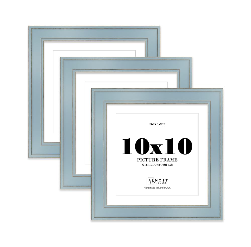 10x10" Cornflower Blue Square Picture Frame with 8x8" Mount - Shabby Chic Photo Frame with Distressed Finish, Gold Trim, Wall Hooks and Kickstand, 37mm Edge - 3 Pack
