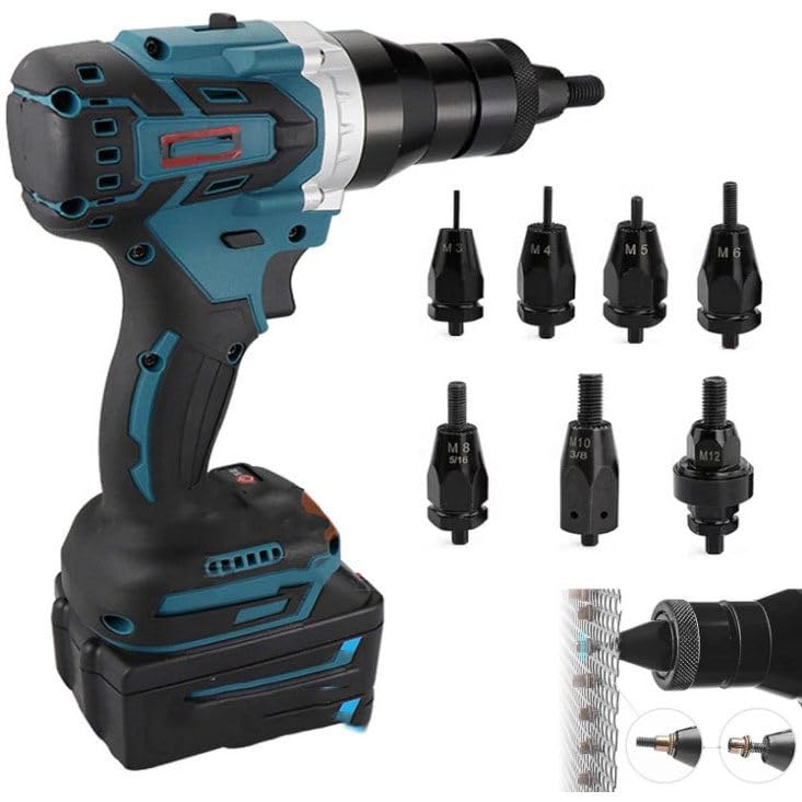 Pistola remachadora eléctrica inalámbrica, pistola remachadora eléctrica con baterías de 26 V Pistola remachadora profesional para aluminio/hierro, tuercas remachadoras M3/M4/M5/M6/M8/M10/M12,2200mAh