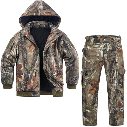 NEW VIEW Kids Camo Hunting Clothes Silent, Youth Hunting Jacket & Pants for Cold Winter, Camouflage Hunting Coat for Boys & Girls (leaf-S)