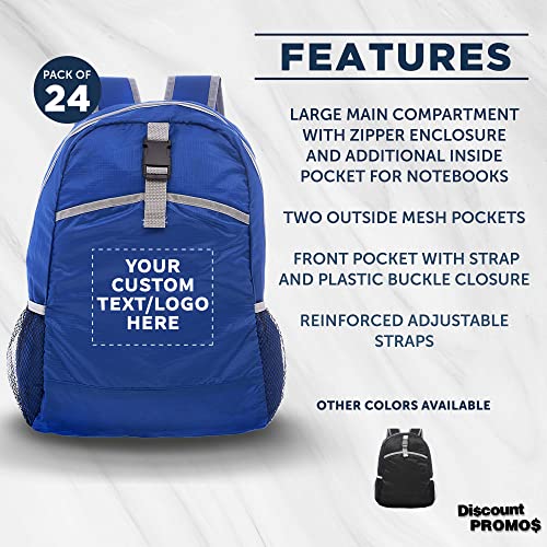 DISCOUNT PROMOS Custom Lightweight Travel Packable Backpacks Set of 24, Personalized Bulk Pack - Perfect for Camping, Outdoor Sports - Blue2