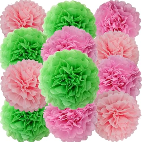 Image of We Moment Green Pink Light Pink Paper Pom Poms Flowers for Birthday Party Decoration - Ceiling Wall Hanging Tissue Flowers - 12pcs 3 Colors