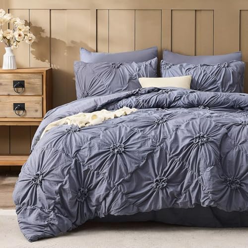 Image of Grey Comforter Set King Size Bed in A Bag 7 Piece Pinch Pleat Bedding Set,Pintuck Ruched Flowers Bed Set with Comforter, Sheets, Pillowcases & Shams