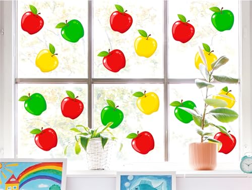 Image of Whaline 9 Sheet Back to School Window Clings Colorful Cartoon Apples Reusable Window Decals for First Day of School Party Supplies Classroom Nursery Home Glass Decor