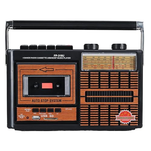 Lychee Portable Retro Cassette Tape Player and Recorder with AM/FM/SW1-2 Four Bands Radio,Built-In Speaker,3.5mm Headphone Jack,Support SD/USB Input (Brown F319U)