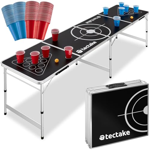 tectake Tavolo Beer Pong Pieghevole con Kit Completo Bicchieri Multicolor e Palline - Regolabile in Altezza, 240x60x70 cm