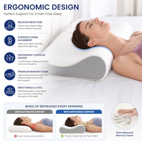 Image of Memory Foam Cervical Pillow for Neck Pain Relief Ergonomic Contour Design for Back & Side Sleepers Breathable Washable Cover Neck Support Sleeping Pillow