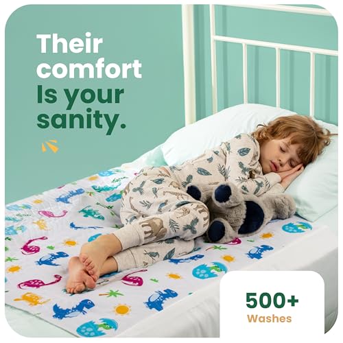 Image of IMPROVIA Pee Pads for Kids - Bed wetting Pads for Kids Potty Training Bed mats for Toddlers Waterproof Reuseable Washable Absorbent, Non Slip - Dino Design - Twin Size 34 inchx36