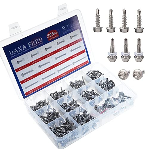 Hex Washer Head Self Drilling Wood Screws Threaded Driller Sheet Self Tapping Metal Bolt Fastener Hardware Assortment Kit Set 295Pcs Stainless Steel,(#8#10#14) #TOP21
