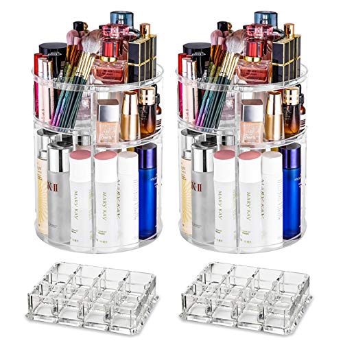 4 Pack Cosmetic Makeup Organizer Include 2 Pack 360 Degree Rotating Makeup Storage and 2 Pack Lipstick Organizer for Girlfriend Large Capacity Cosmetic Organizer for Bathroom Bedroom DesserRoom